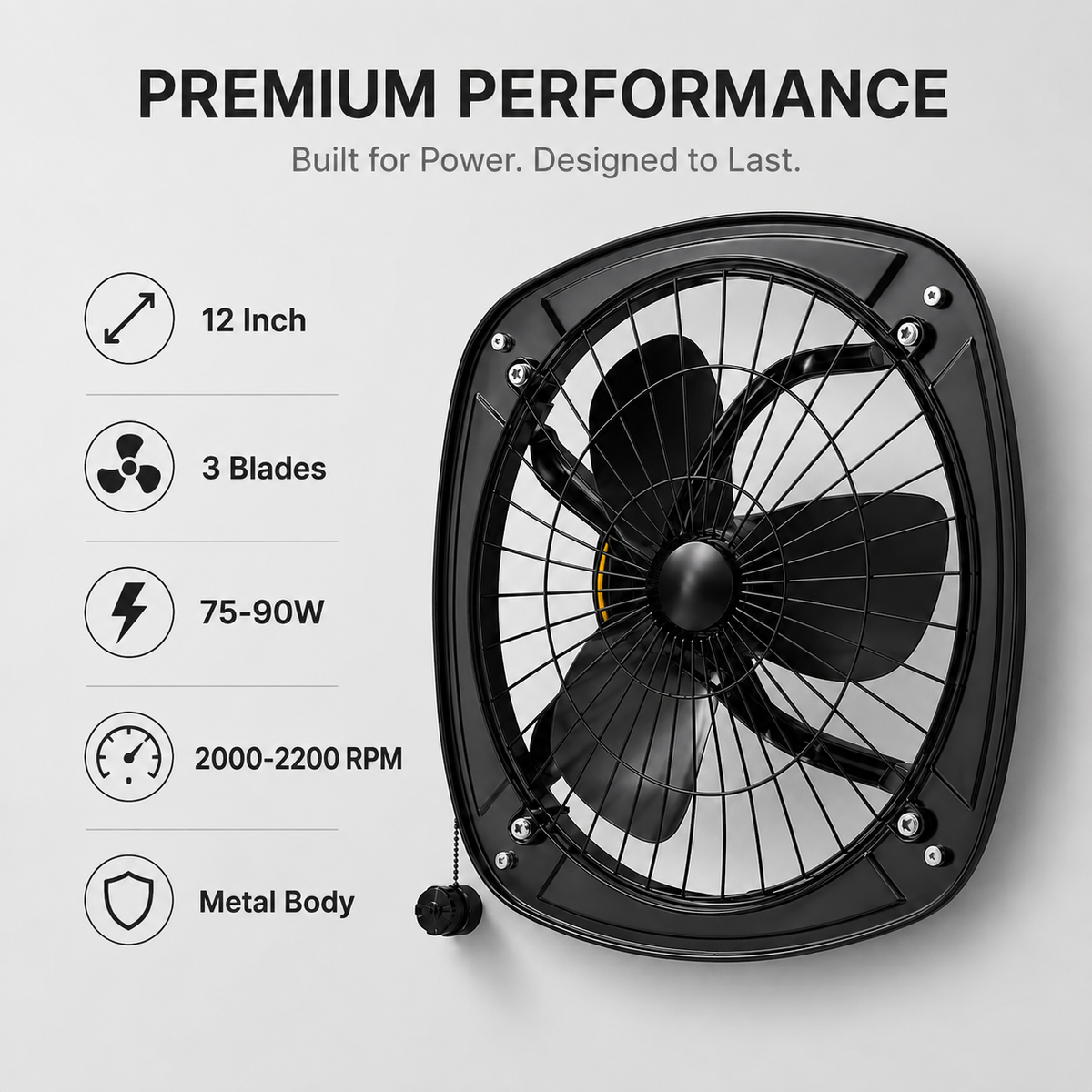 12 Inch Exhaust Fan | 3 Blades | 75-90W | 2000-2200 RPM | Metal Body | Pack of 2