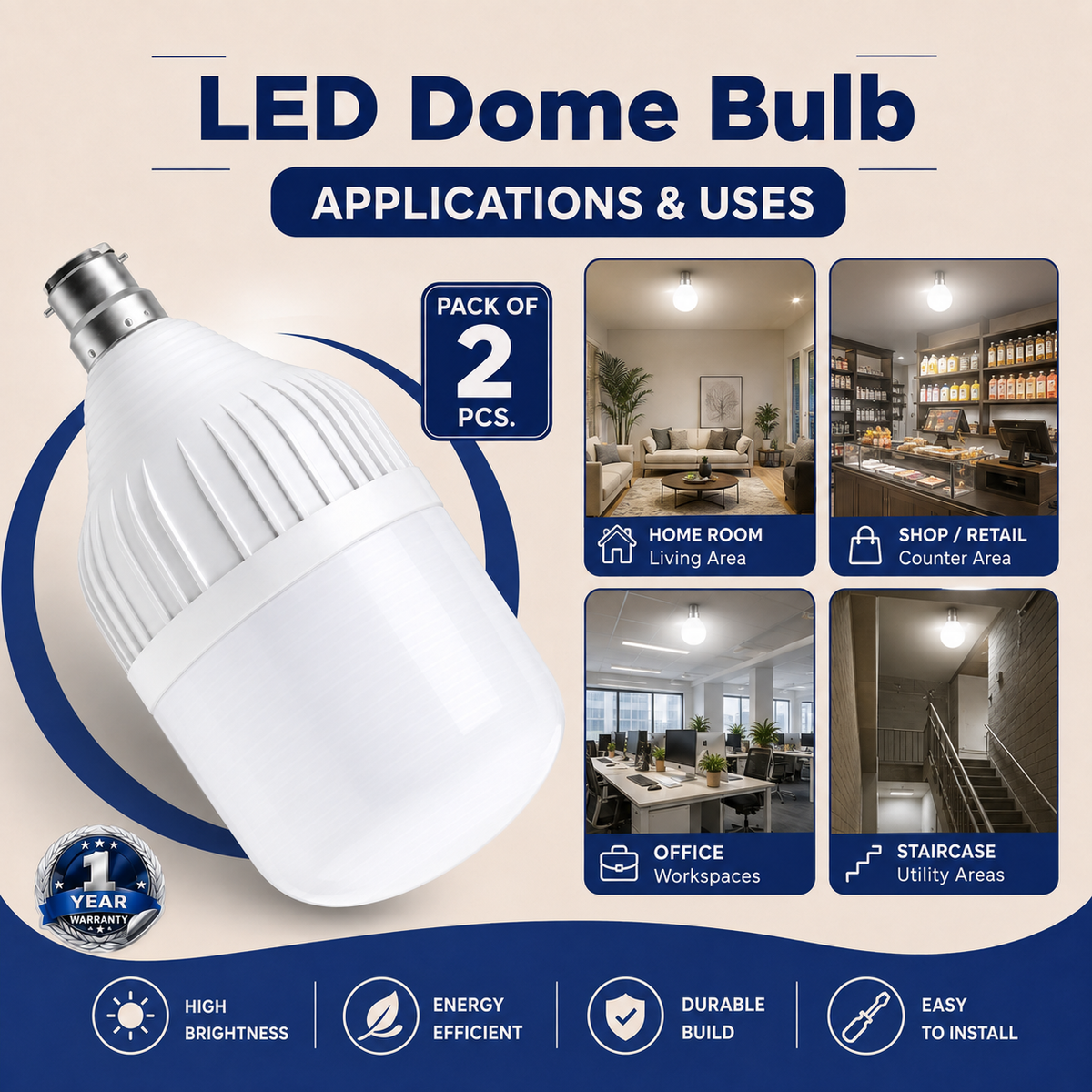 VK LED Dome Bulb | 26W, 30W, 40W, 50W & 60W | B22 LED Bulb | 6500K
