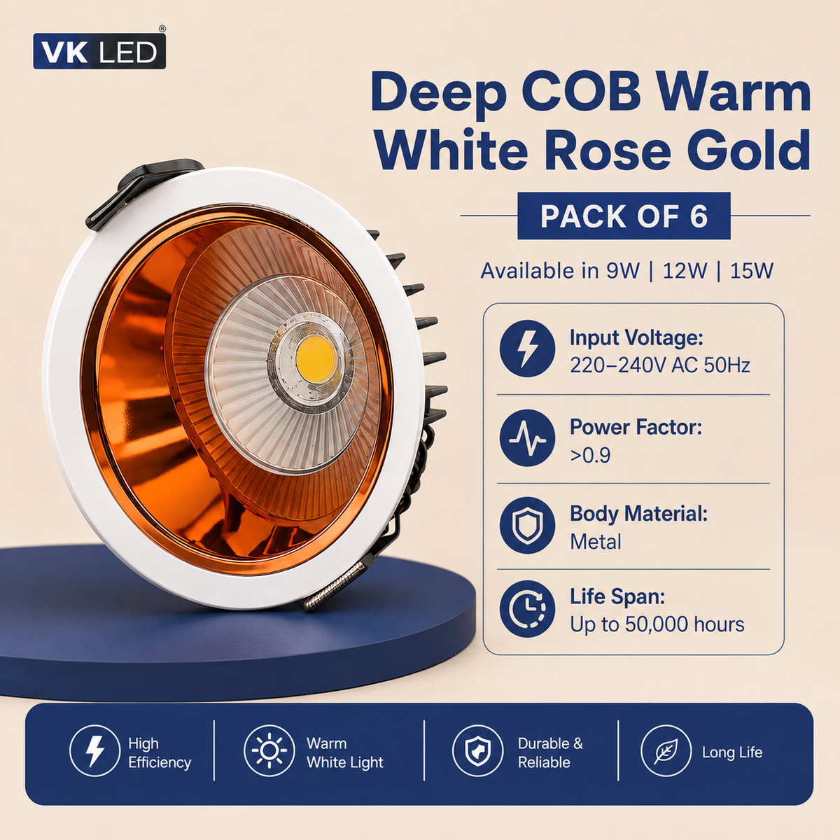 VK LED Deep COB Rose Gold Light | 9W, 12W & 15W | White & Warm White | Recessed Ceiling Spotlight