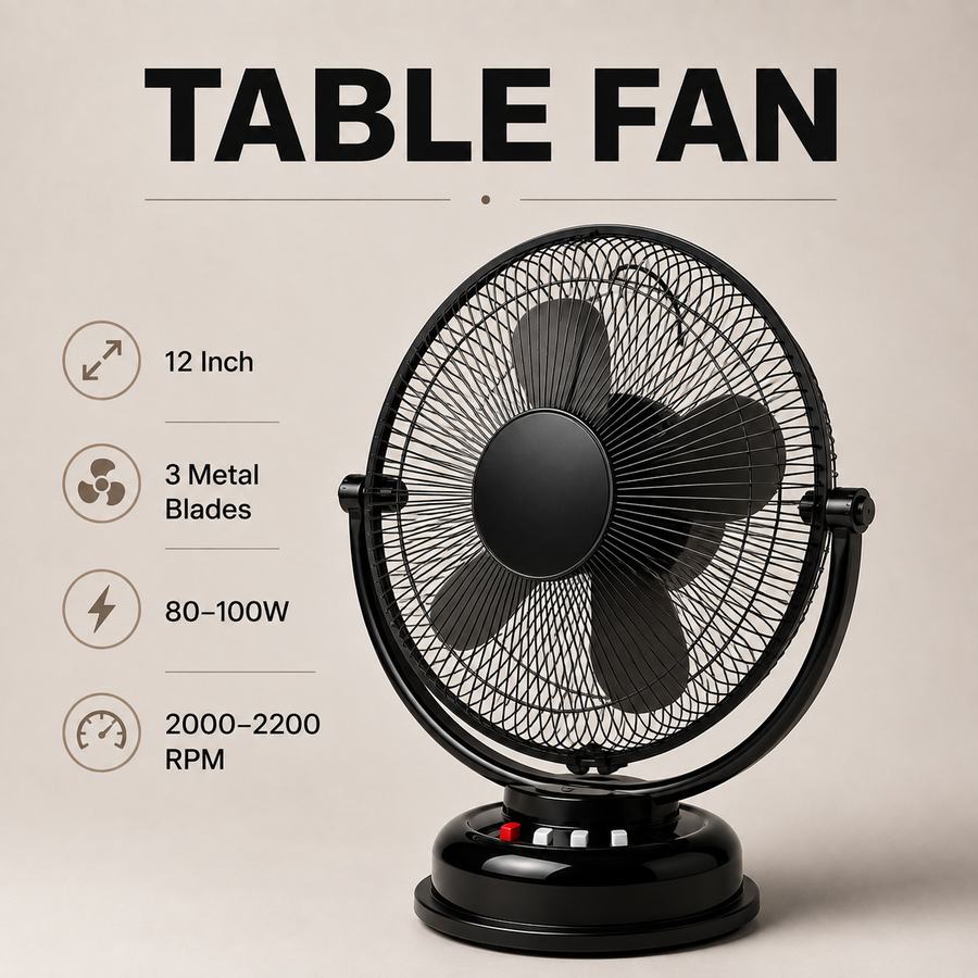 12 Inch Table Fan | 3 Metal Blades | 80-100W | 2000-2200 RPM | MOQ 2
