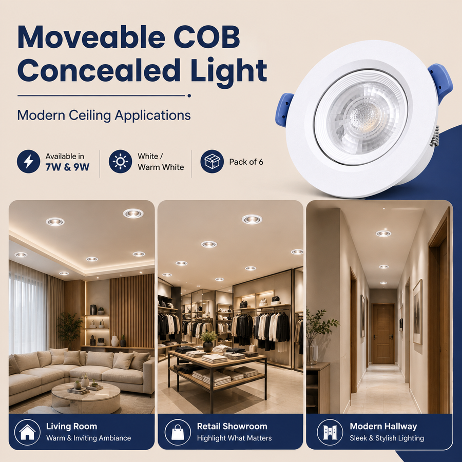 VK LED Moveable COB Concealed Light | 7W & 9W | White & Warm White | Pack of 6