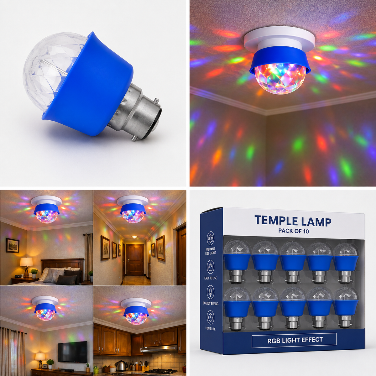 VK LED 5W Temple Lamp | RGB Multicolour Decorative Bulb | B22 Base | Pack of 10