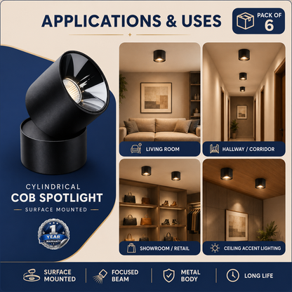 VK LED Cylindrical Rose Gold Surface COB Spotlight | 9W, 12W & 15W | White & Warm White