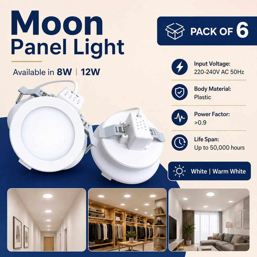 VK LED Moon Panel Light | 8W & 12W | White & Warm White | Recessed Ceiling Light | Pack of 6