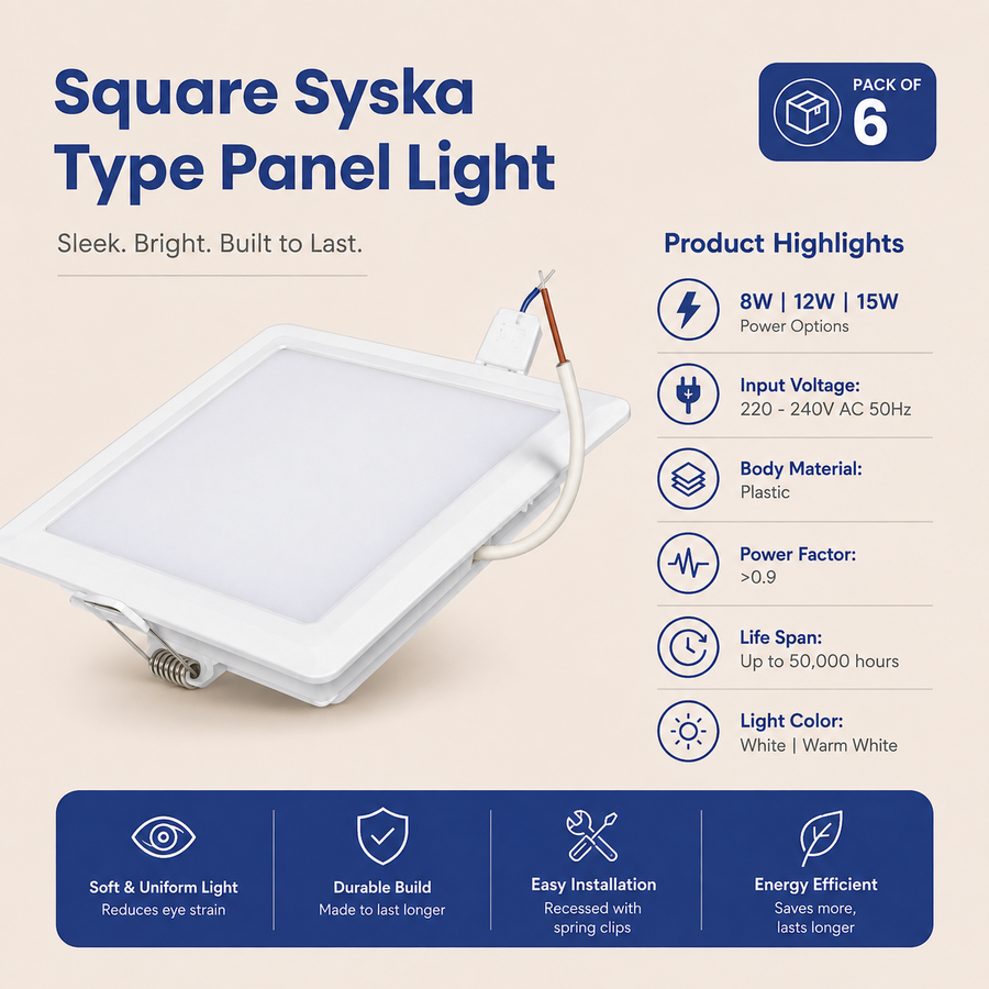 VK LED Square Syska Type Panel Light | 8W, 12W, 15W & 18W | White & Warm White