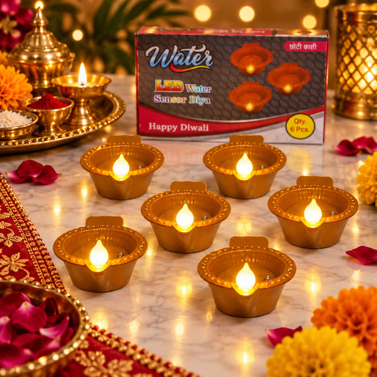 VK LED Water Sensor Diya | Warm White LED Decorative Diya | Pack of 4 PCS
