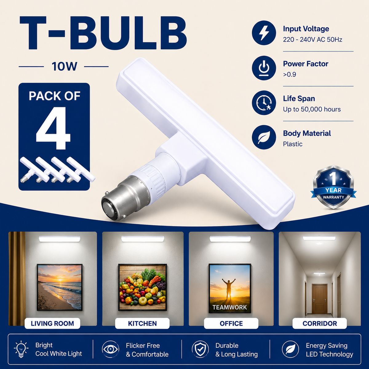 VK LED 10W T-Bulb | B22 LED Light | Cool White 6500K | Pack of 4