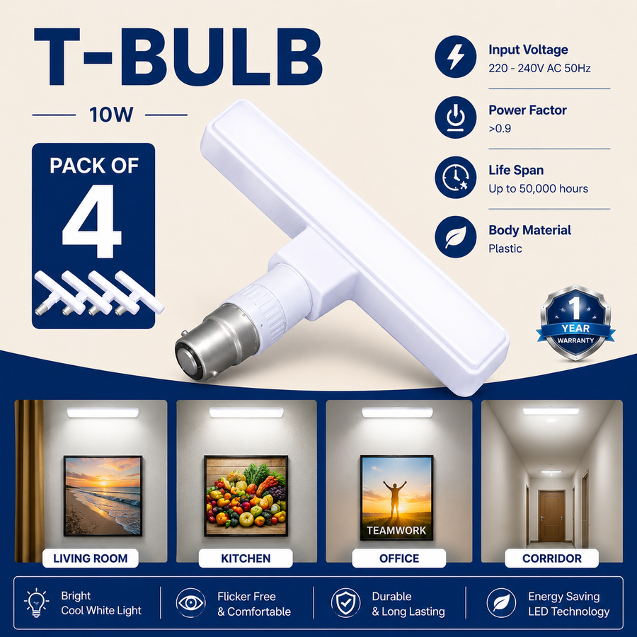 VK LED 10W T-Bulb | B22 LED Light | Cool White 6500K | Pack of 4