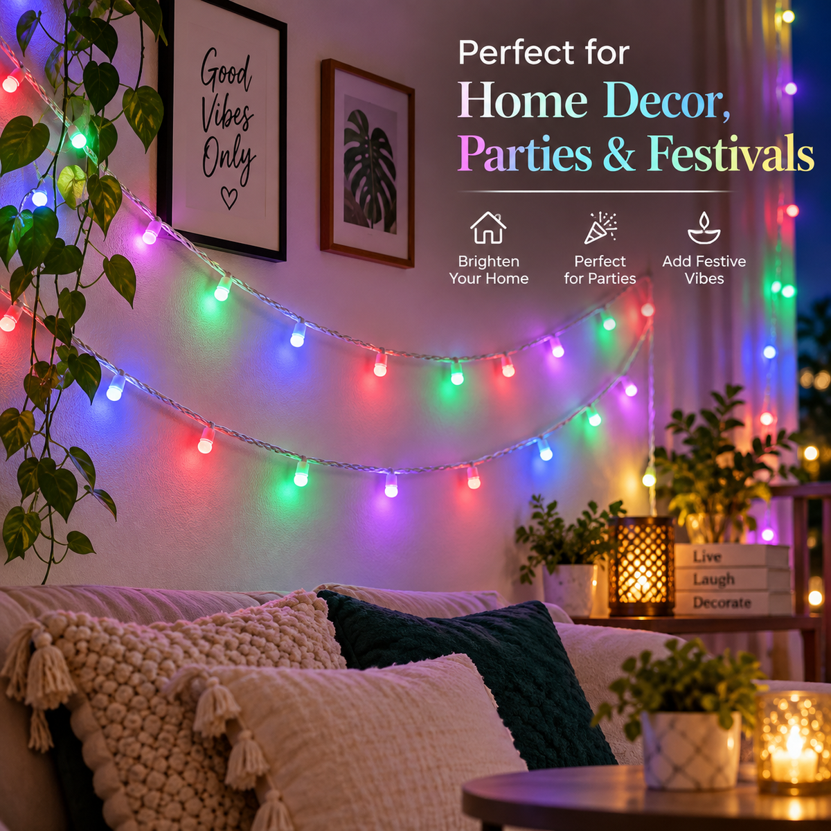VK LED 8 mm Multi Fairy Light | RGB Multicolour | 10 × 12 ft | Pack of 4 PCS