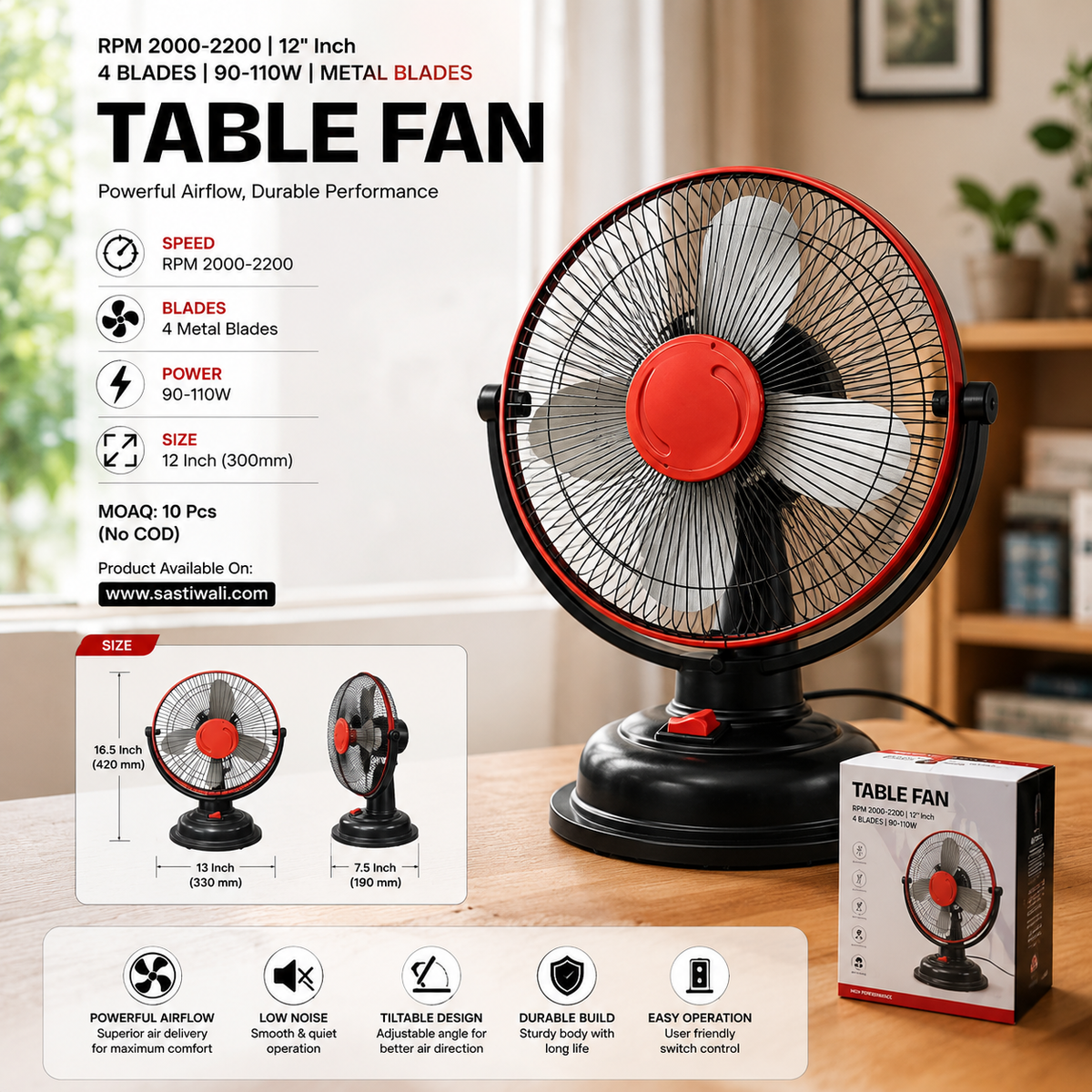 12 Inch Table Fan | 4 Blades | 90-110W | Metal Blades | 2000-2200 RPM | MOQ 2