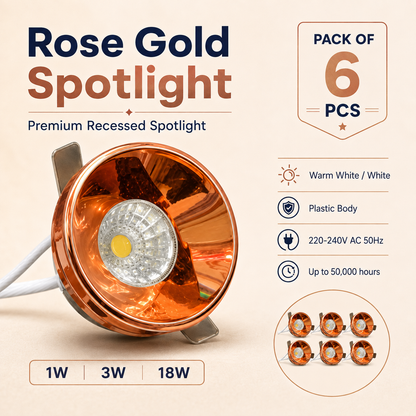VK LED Rose Gold Spot Light (Makkhe) | 1W, 3W | White & Warm White | Pack of 6