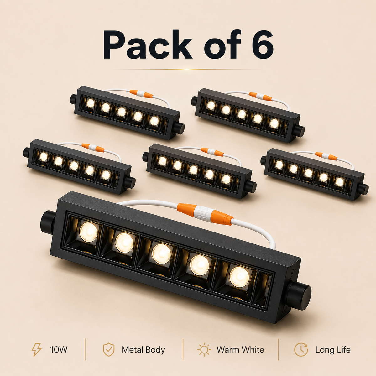 VK LED Linear Light | 10W Warm White | Black Metal Body | Pack of 6