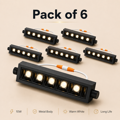 VK LED Linear Light | 10W Warm White | Black Metal Body | Pack of 6