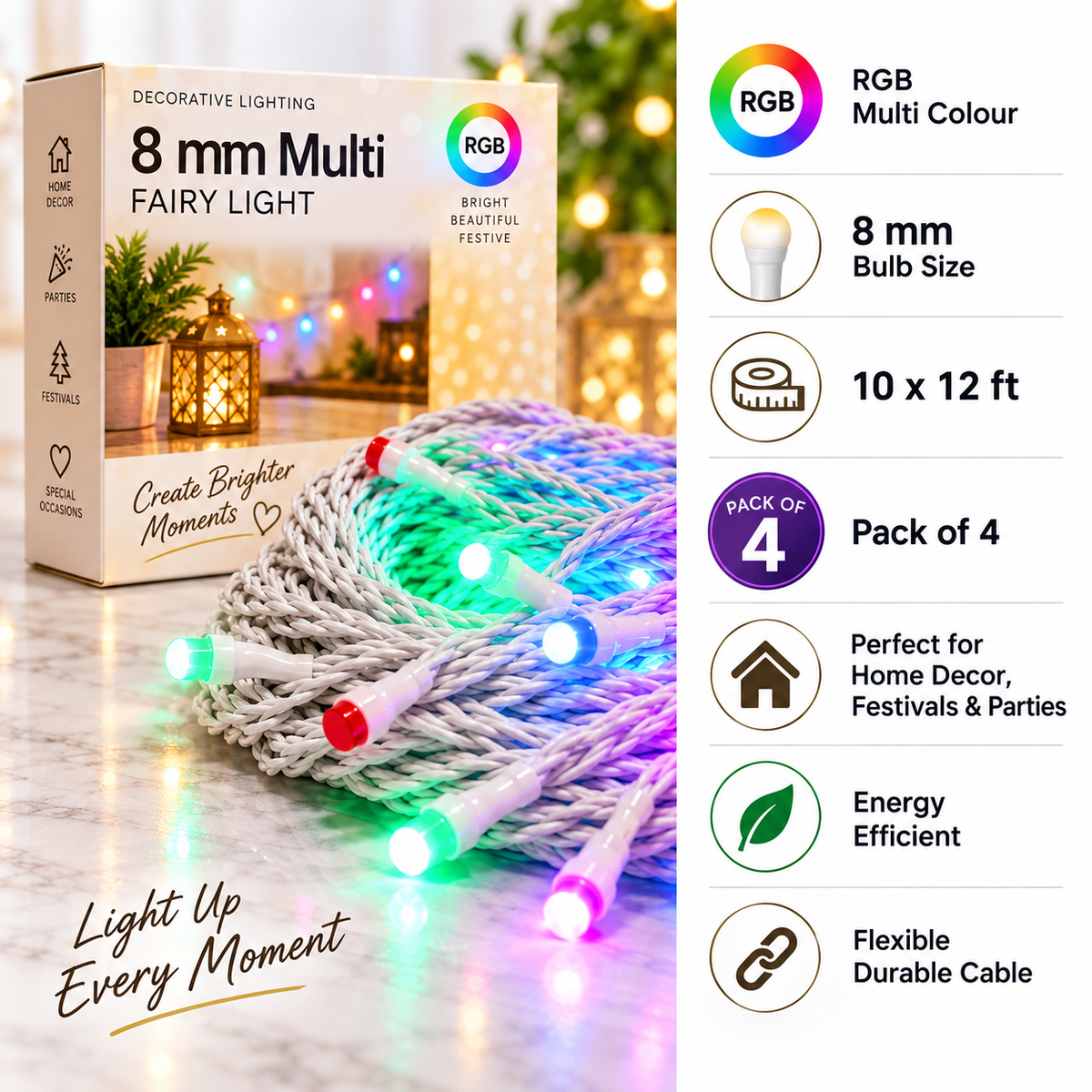 VK LED 8 mm Multi Fairy Light | RGB Multicolour | 10 × 12 ft | Pack of 4 PCS