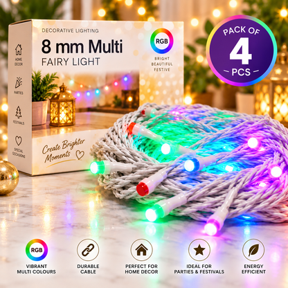 VK LED 8 mm Multi Fairy Light | RGB Multicolour | 10 × 12 ft | Pack of 4 PCS