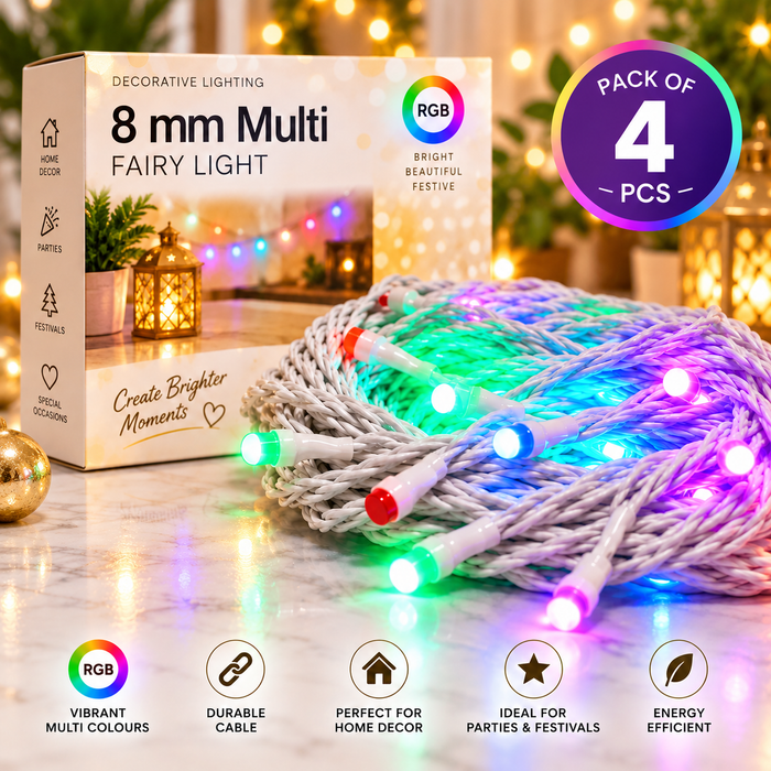 VK LED 8 mm Multi Fairy Light | RGB Multicolour | 10 × 12 ft | Pack of 4 PCS