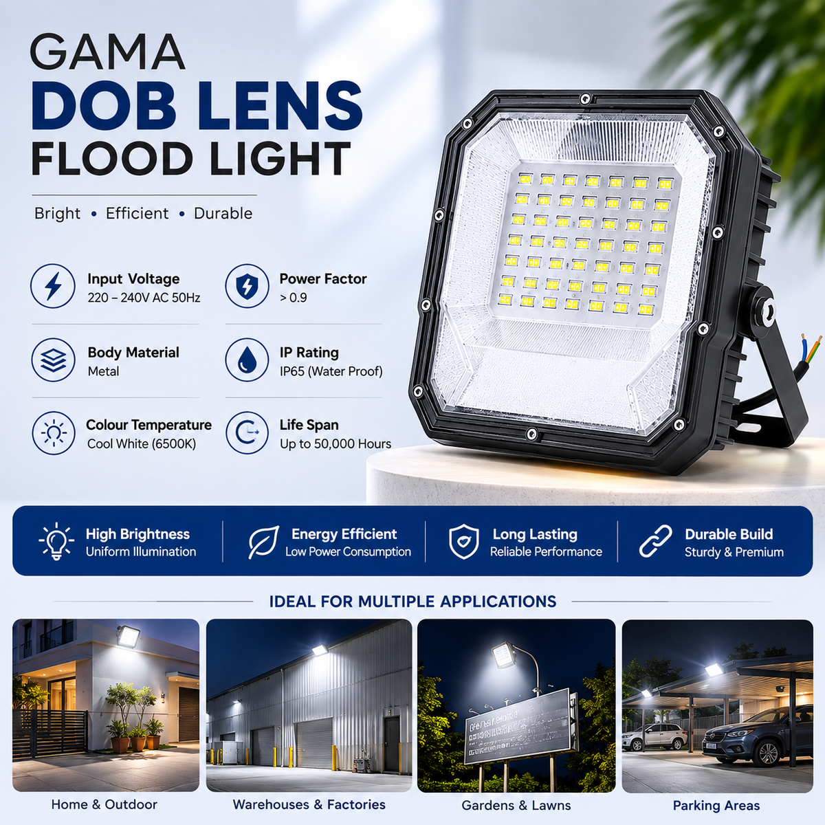 VK LED Gama DOB Lens Flood Light | 50W & 100W | Cool White 6500K | Pack of 2