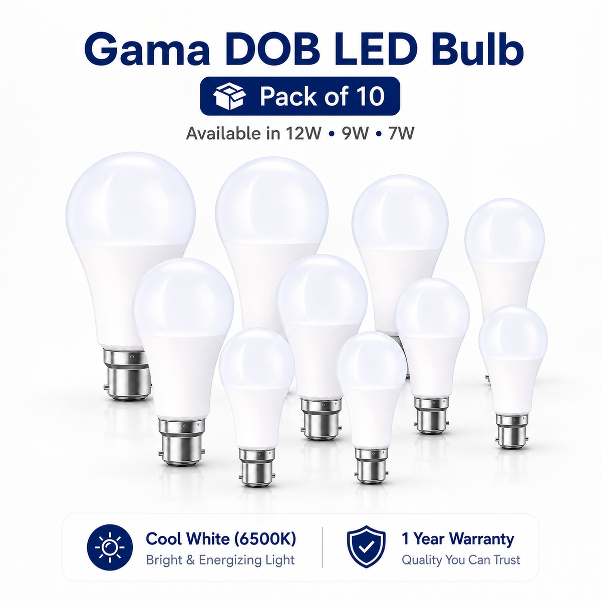 VK LED DOB LED Bulb | 5W, 7W & 9W | Cool White 6500K | B22 Base | Pack of 10 | Non Warranty