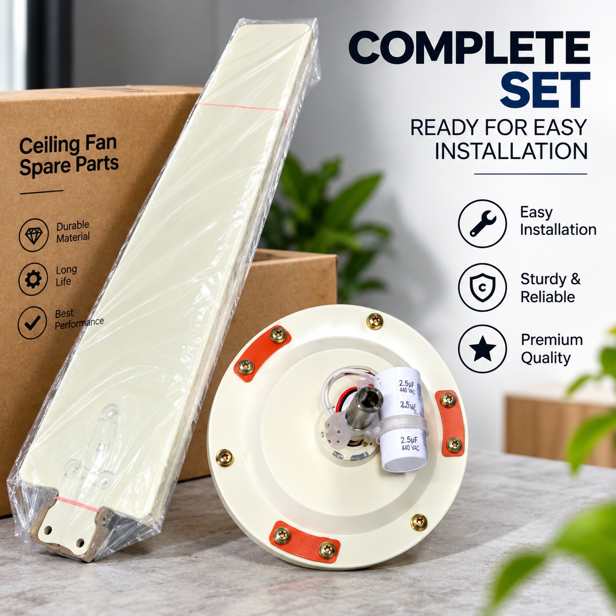 Ceiling Fan Motor Unit & Spare Parts Set | Premium Fan Blade | Capacitor & Wiring | Ivory Finish