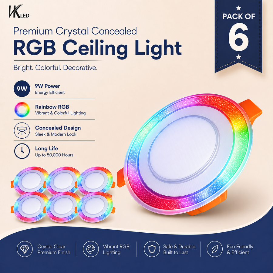VK LED 9W Crystal Concealed RGB Ceiling Light | White with Rainbow Multicolour | Pack of 6