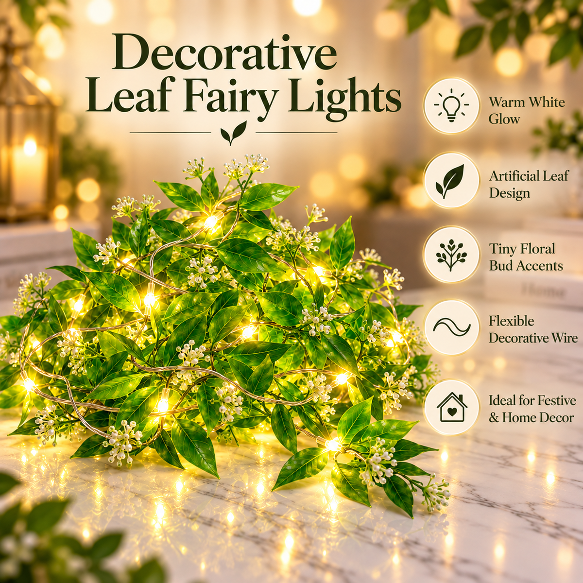 VK LED Leaf Fairy Decorative Light | Warm White | 10 × 12 ft