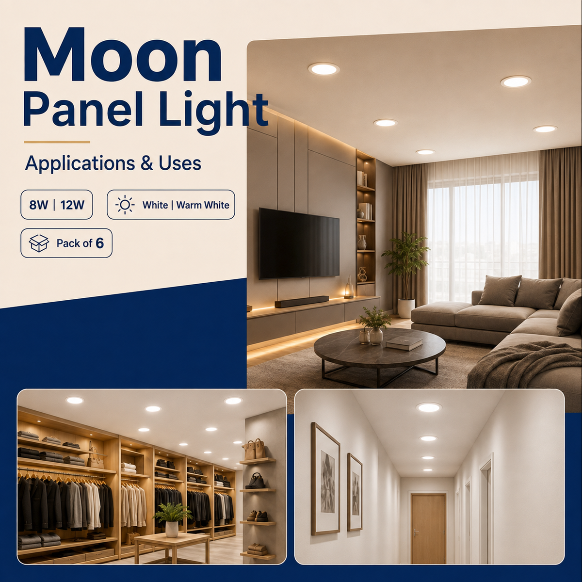 VK LED Moon Panel Light | 8W & 12W | White & Warm White | Recessed Ceiling Light | Pack of 6