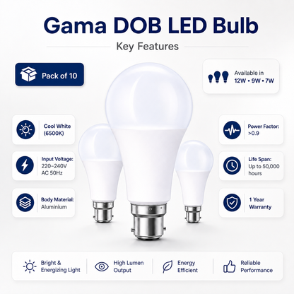 VK LED Gama DOB LED Bulb | 7W, 9W & 12W | Cool White 6500K | B22 Base | Pack of 10