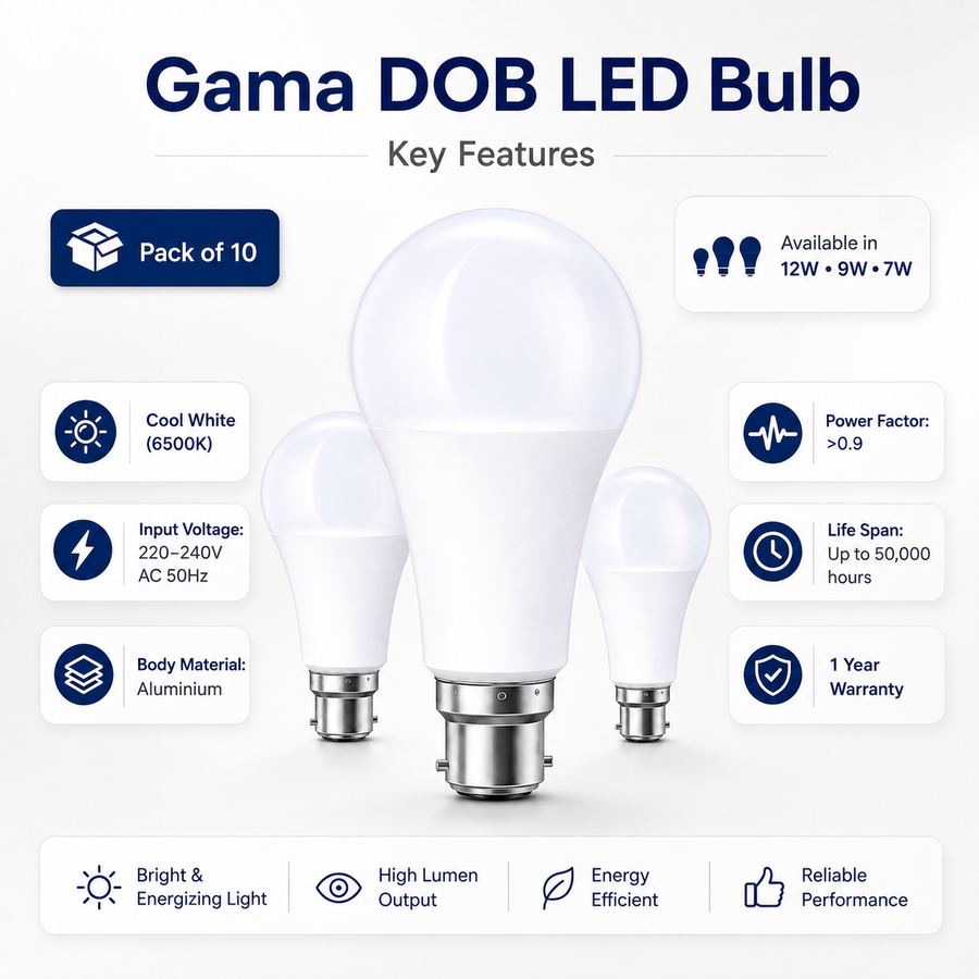 VK LED Gama DOB LED Bulb | 7W, 9W & 12W | Cool White 6500K | B22 Base | Pack of 10