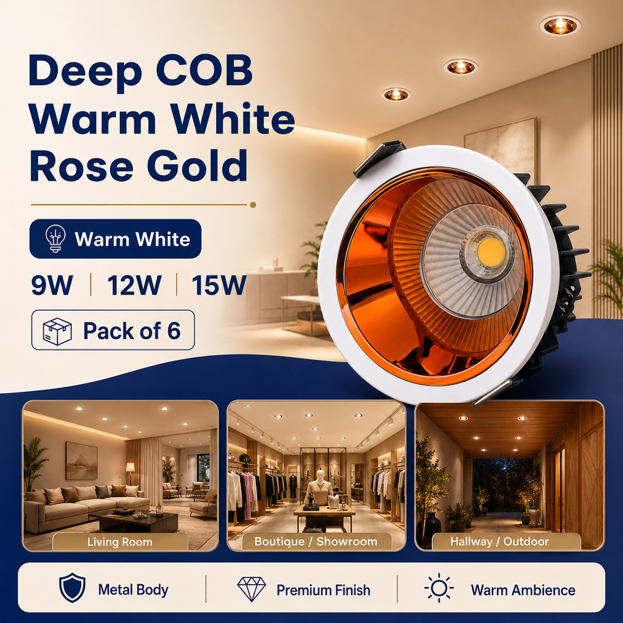 VK LED Deep COB Rose Gold Light | 9W, 12W & 15W | White & Warm White | Recessed Ceiling Spotlight