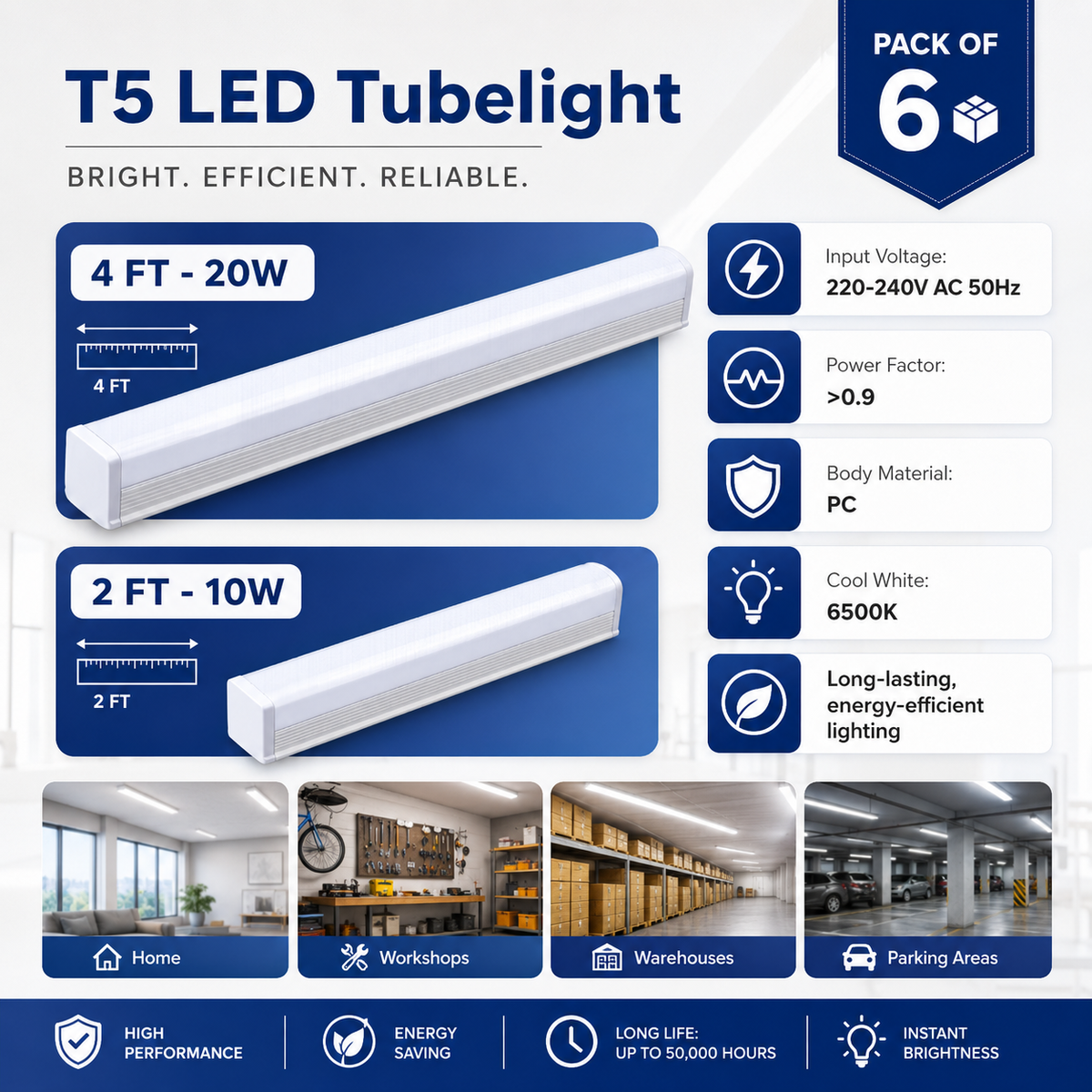 VK LED T5 LED Tubelight | 10W 2FT & 20W 4FT | Cool White 6500K | Pack of 6