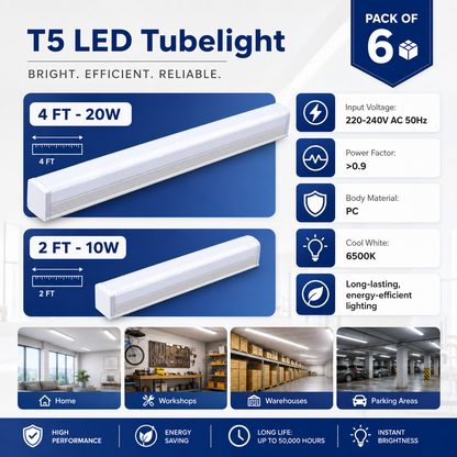 VK LED T5 LED Tubelight | 10W 2FT & 20W 4FT | Cool White 6500K | Pack of 6