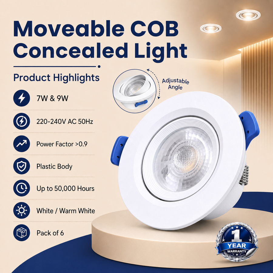 VK LED Moveable COB Concealed Light | 7W & 9W | White & Warm White | Pack of 6
