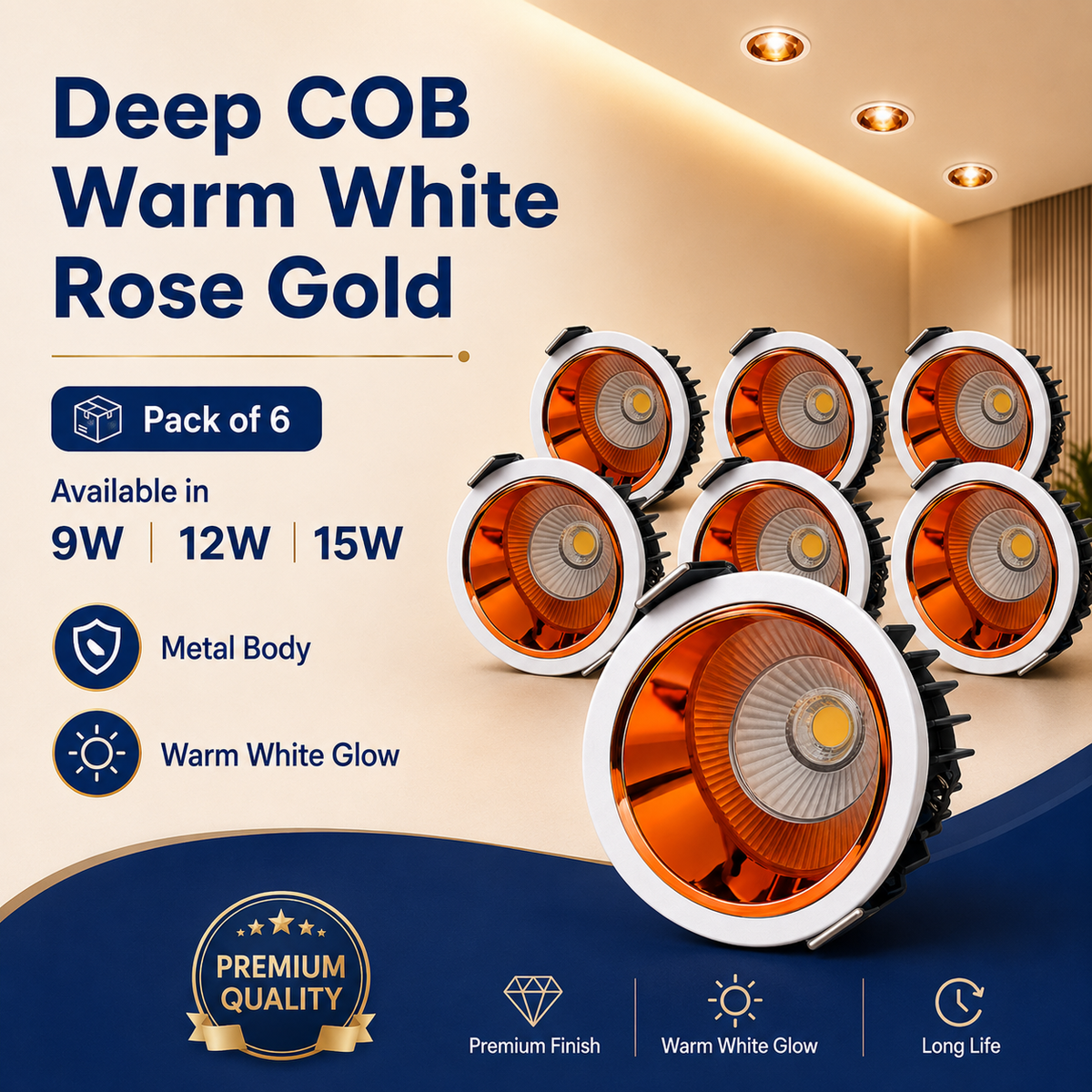 VK LED Deep COB Rose Gold Light | 9W, 12W & 15W | White & Warm White | Recessed Ceiling Spotlight