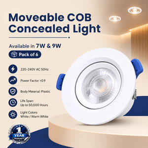 VK LED Moveable COB Concealed Light | 7W & 9W | White & Warm White | Pack of 6