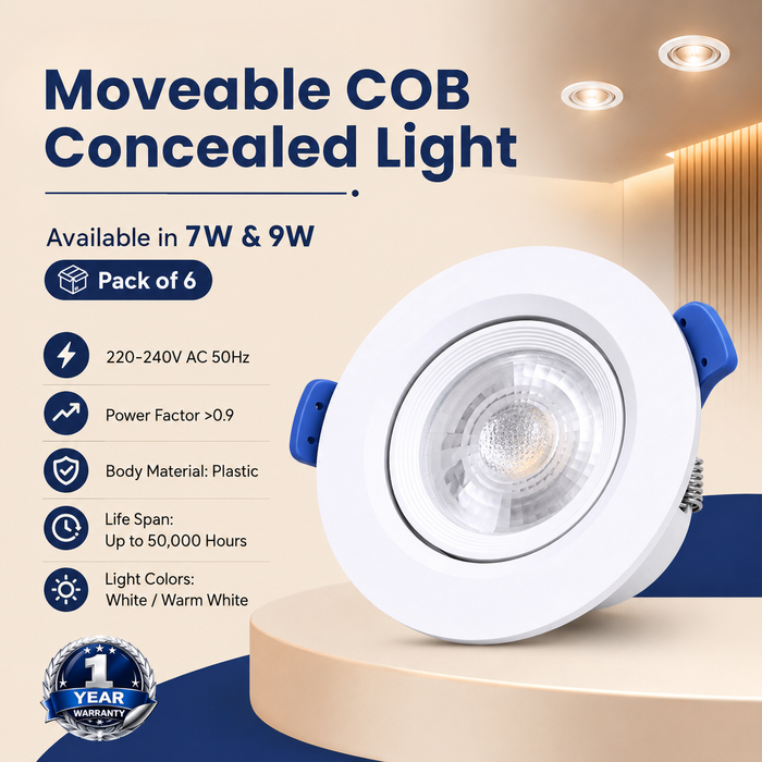 VK LED Moveable COB Concealed Light | 7W & 9W | White & Warm White | Pack of 6