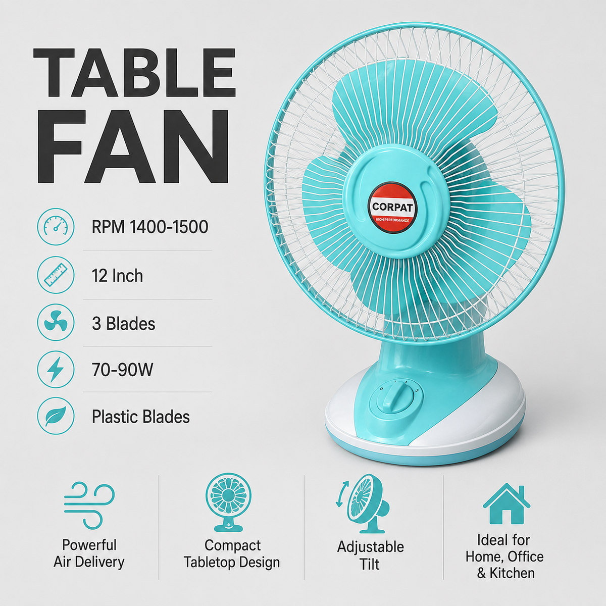 12 Inch Table Fan | 3 Plastic Blades | 70-90W | 1400-1500 RPM | Pack of 2