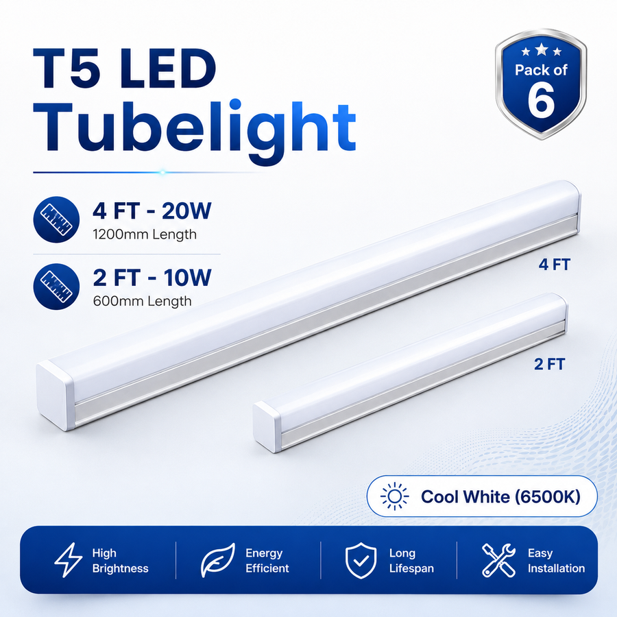 VK LED T5 LED Tubelight | 10W 2FT & 20W 4FT | Cool White 6500K | Pack of 6