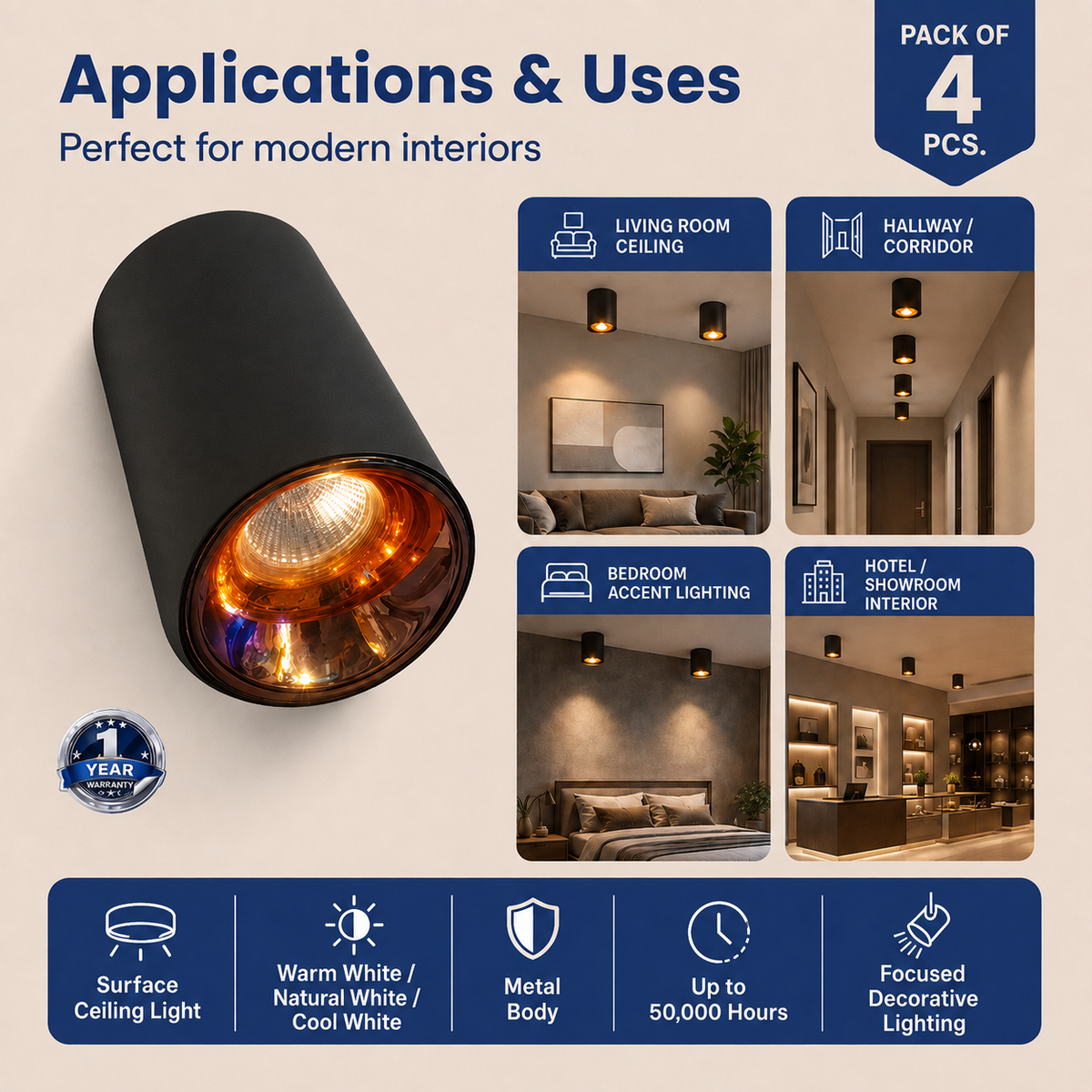 VK LED Surface Mounted Cylinder Light | 7W & 12W | Ceiling Spotlight | Warm White 3000K