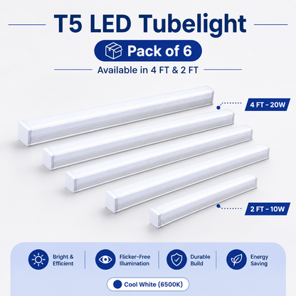 VK LED T5 LED Tubelight | 10W 2FT & 20W 4FT | Cool White 6500K | Pack of 6