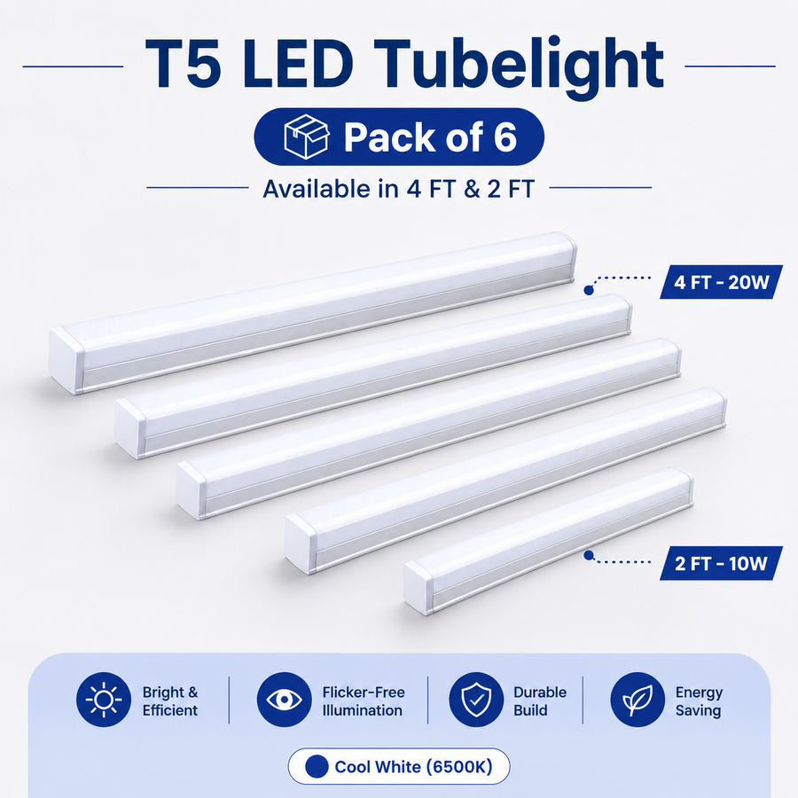 VK LED T5 LED Tubelight | 10W 2FT & 20W 4FT | Cool White 6500K | Pack of 6