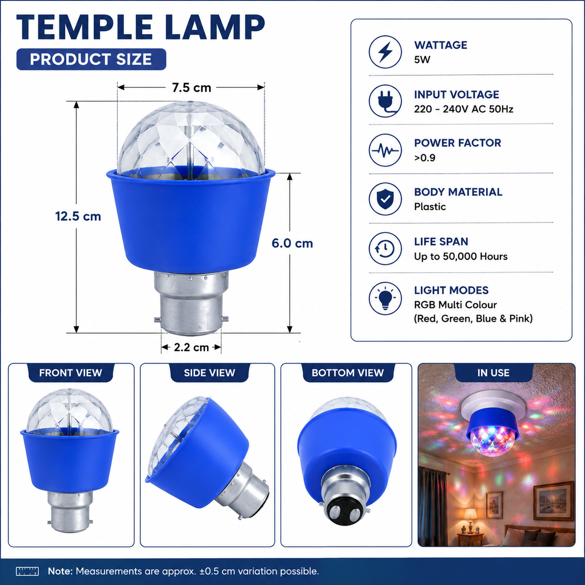 VK LED 5W Temple Lamp | RGB Multicolour Decorative Bulb | B22 Base | Pack of 10