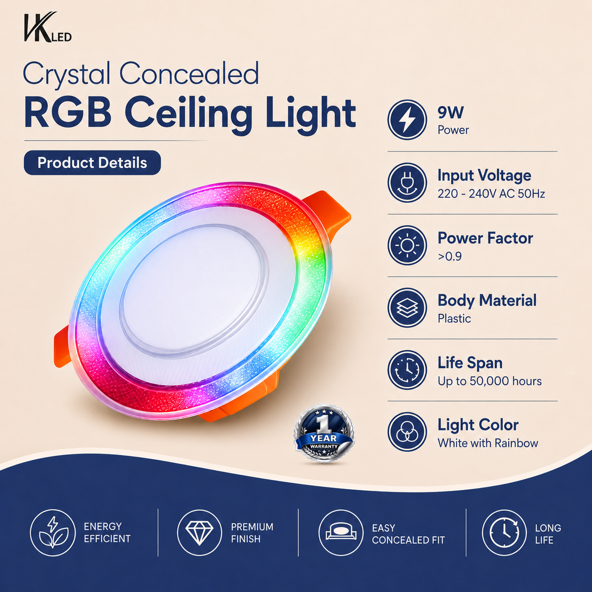 VK LED 9W Crystal Concealed RGB Ceiling Light | White with Rainbow Multicolour | Pack of 6