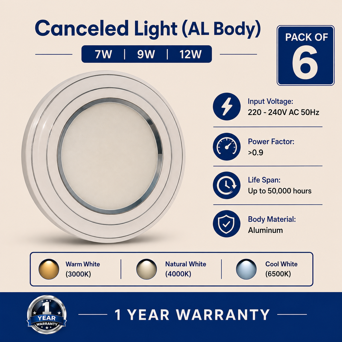 VK LED Concealed Light | Aluminium Body | 7W, 9W & 12W | Recessed Ceiling Light | 3000K & 6500K