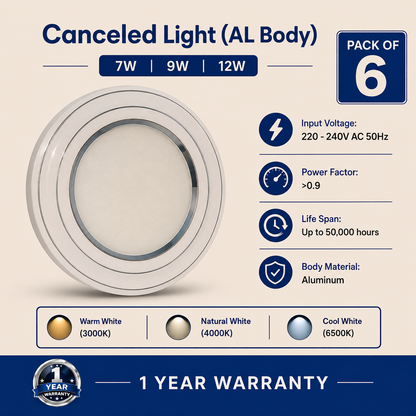 VK LED Concealed Light | Aluminium Body | 7W, 9W & 12W | Recessed Ceiling Light | 3000K & 6500K