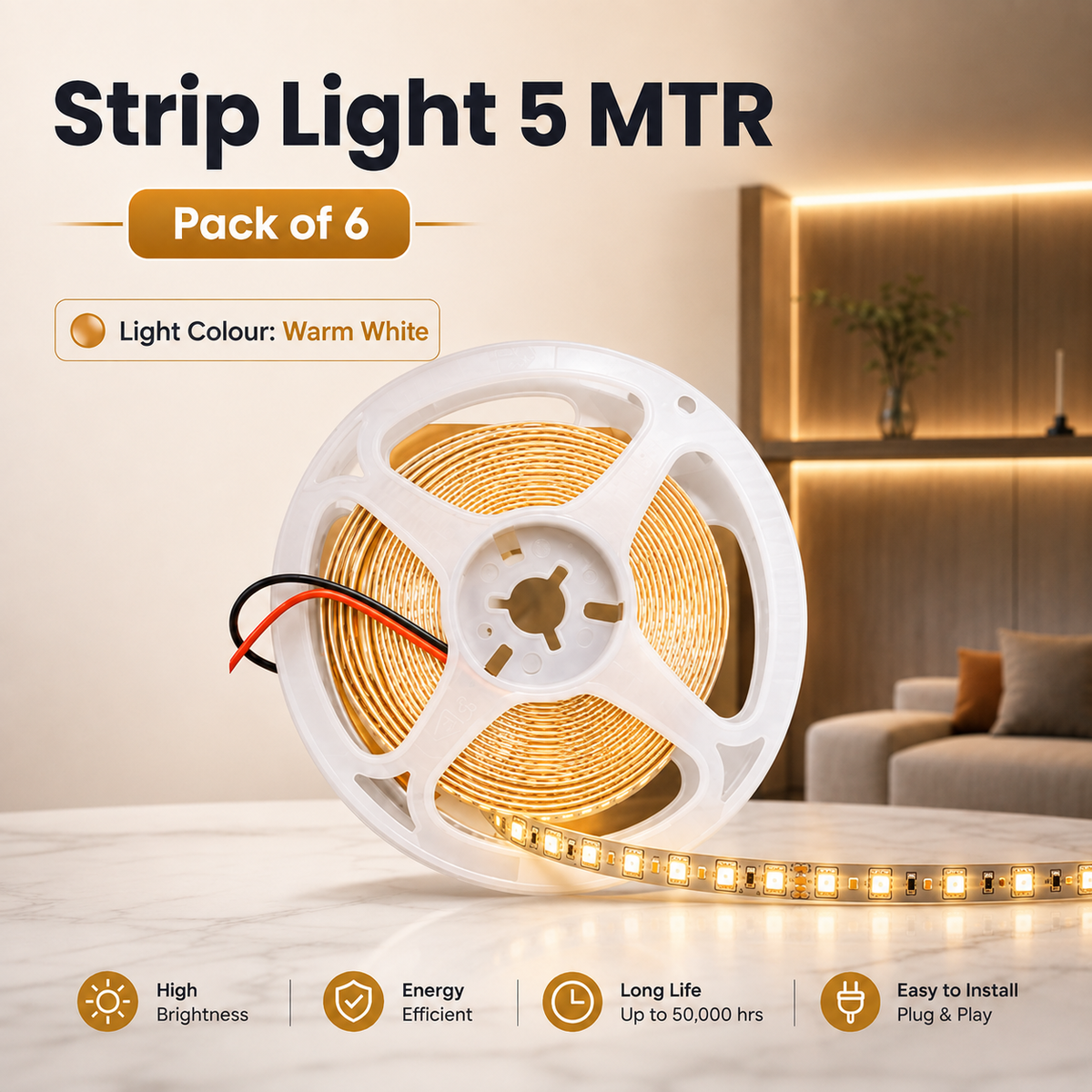 VK LED Strip Light 5 Meter | Red, Blue, Green, Warm White & White | Copper Wire | Pack of 6