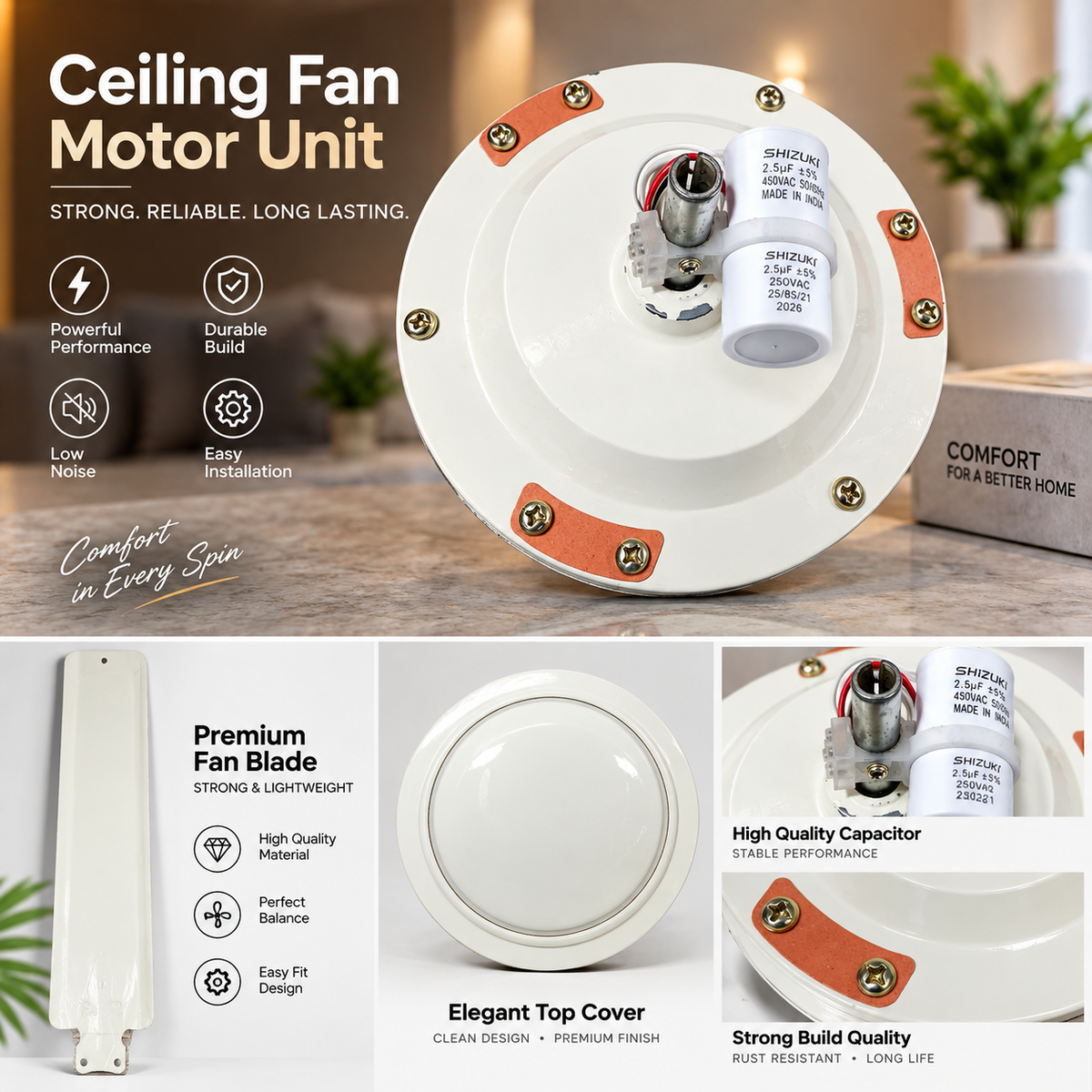 Ceiling Fan Motor Unit & Spare Parts Set | Premium Fan Blade | Capacitor & Wiring | Ivory Finish