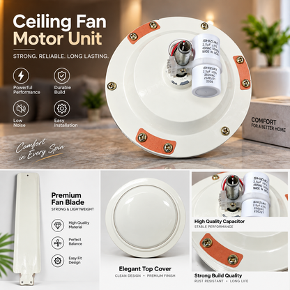 Ceiling Fan Motor Unit & Spare Parts Set | Premium Fan Blade | Capacitor & Wiring | Ivory Finish