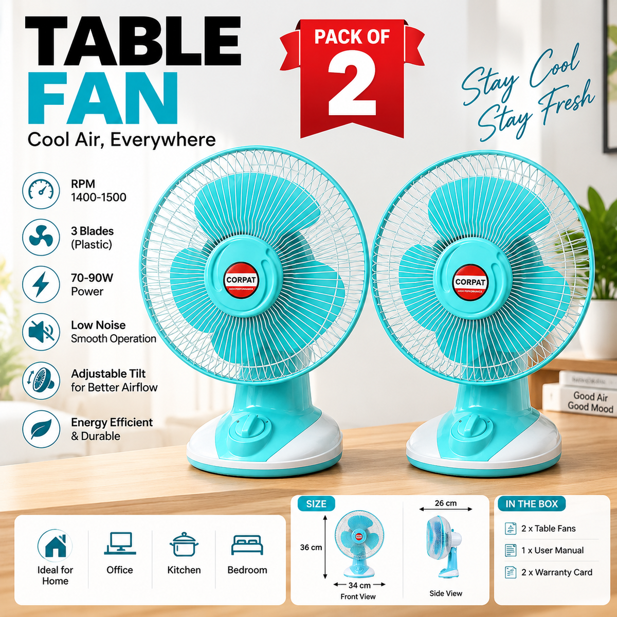 12 Inch Table Fan | 3 Plastic Blades | 70-90W | 1400-1500 RPM | Pack of 2