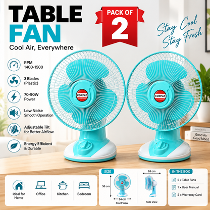 12 Inch Table Fan | 3 Plastic Blades | 70-90W | 1400-1500 RPM | Pack of 2