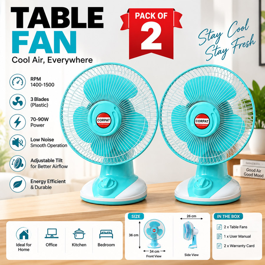 12 Inch Table Fan | 3 Plastic Blades | 70-90W | 1400-1500 RPM | Pack of 2